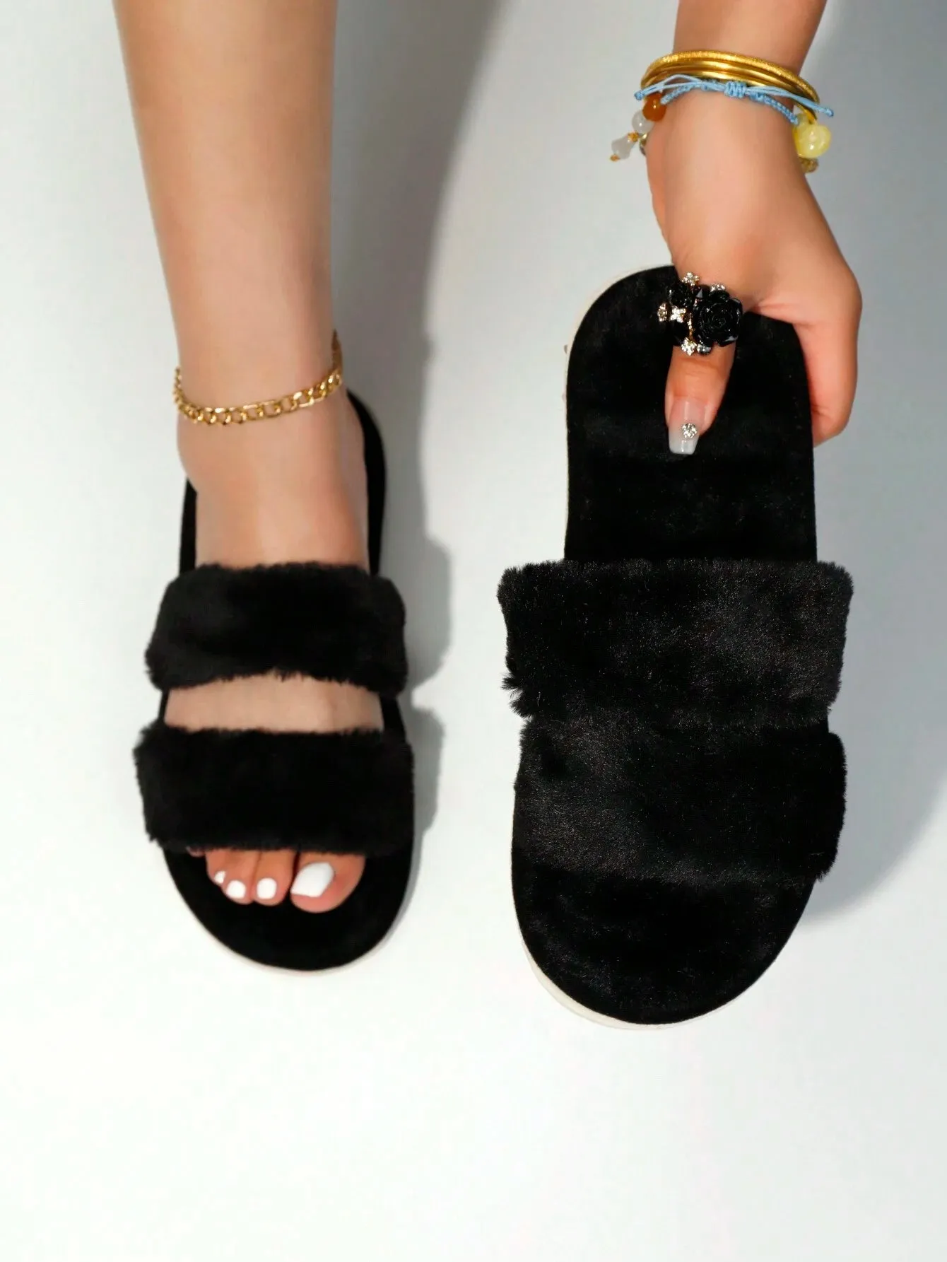 2-Strap Fluffy & Furry Black Slippers For Women, Soft & Lightweight Indoor Carpet Quiet House Slippers