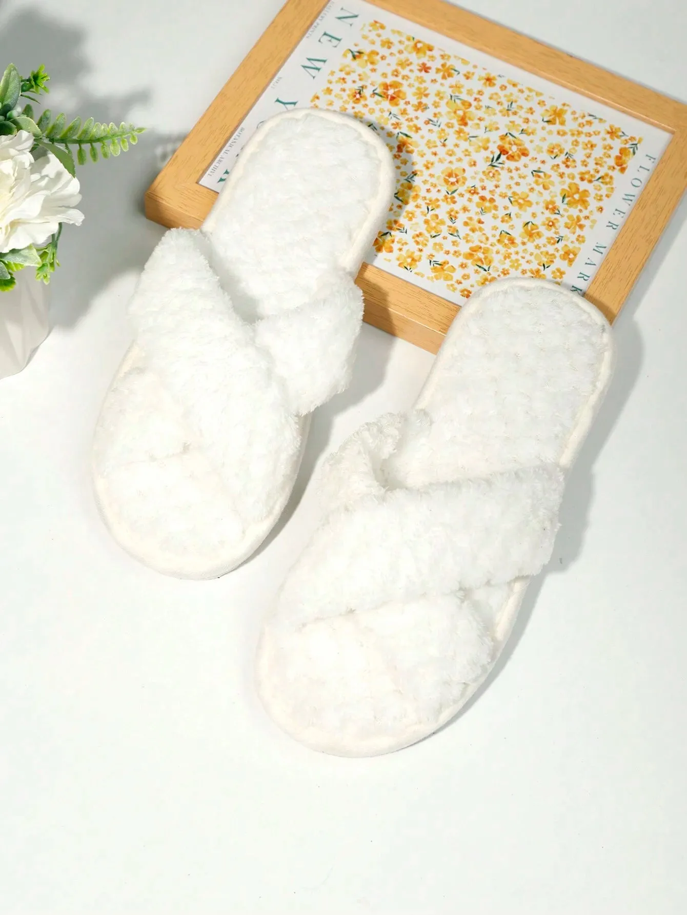 2-Strap Fluffy & Furry Black Slippers For Women, Soft & Lightweight Indoor Carpet Quiet House Slippers