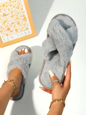 2-Strap Fluffy & Furry Black Slippers For Women, Soft & Lightweight Indoor Carpet Quiet House Slippers