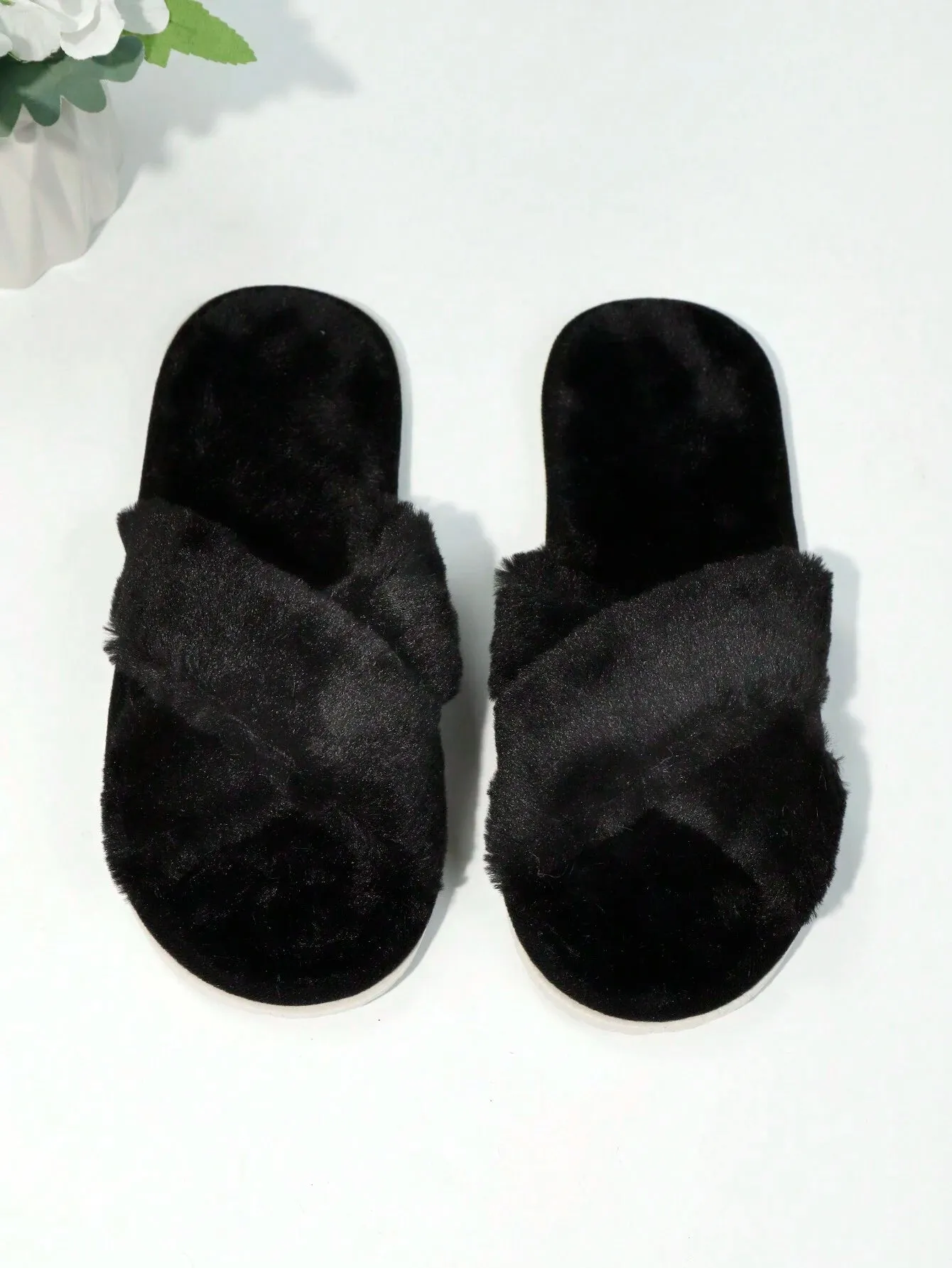 2-Strap Fluffy & Furry Black Slippers For Women, Soft & Lightweight Indoor Carpet Quiet House Slippers