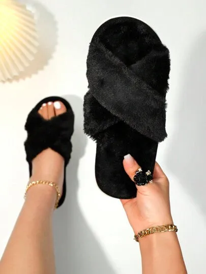 2-Strap Fluffy & Furry Black Slippers For Women, Soft & Lightweight Indoor Carpet Quiet House Slippers