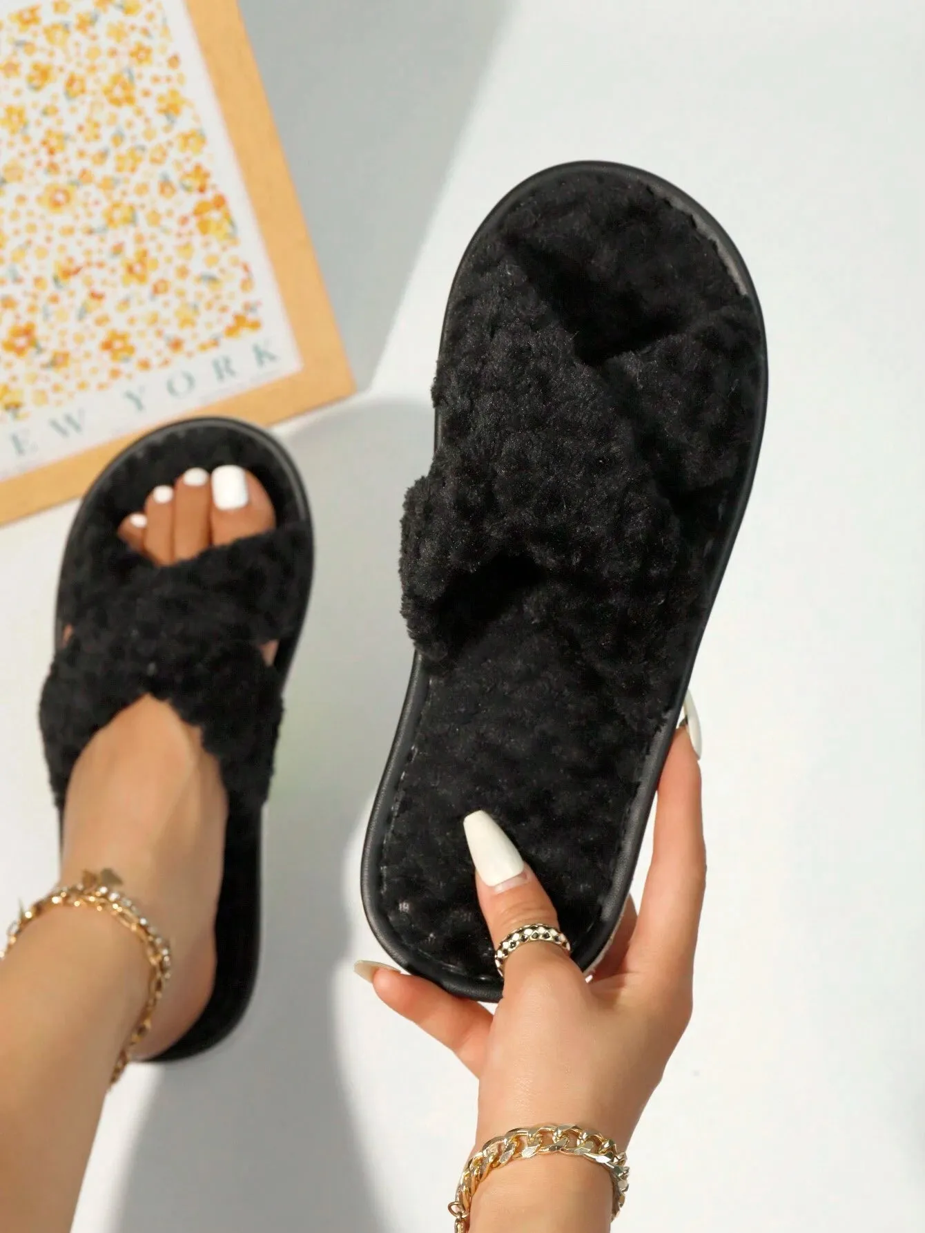 2-Strap Fluffy & Furry Black Slippers For Women, Soft & Lightweight Indoor Carpet Quiet House Slippers