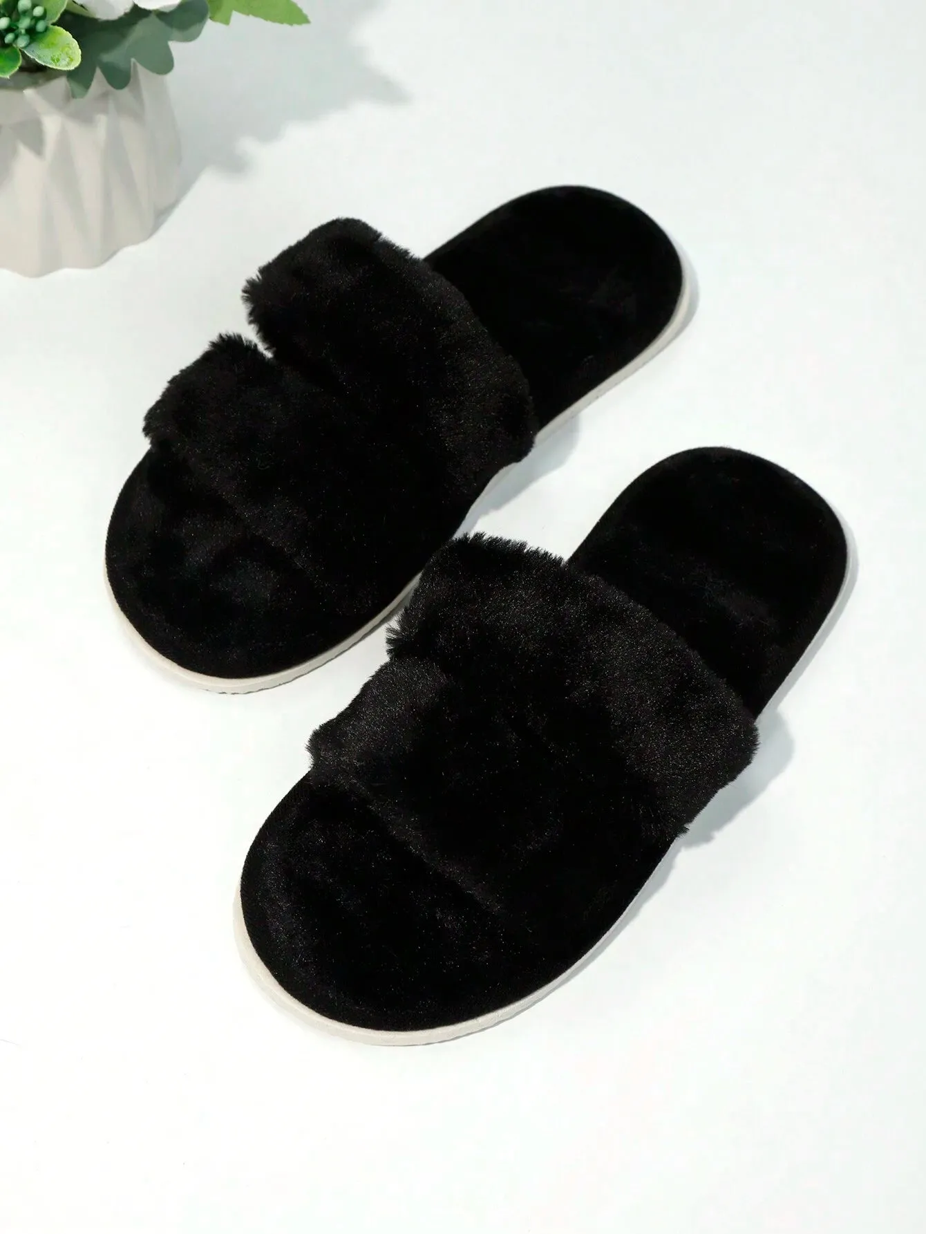 2-Strap Fluffy & Furry Black Slippers For Women, Soft & Lightweight Indoor Carpet Quiet House Slippers