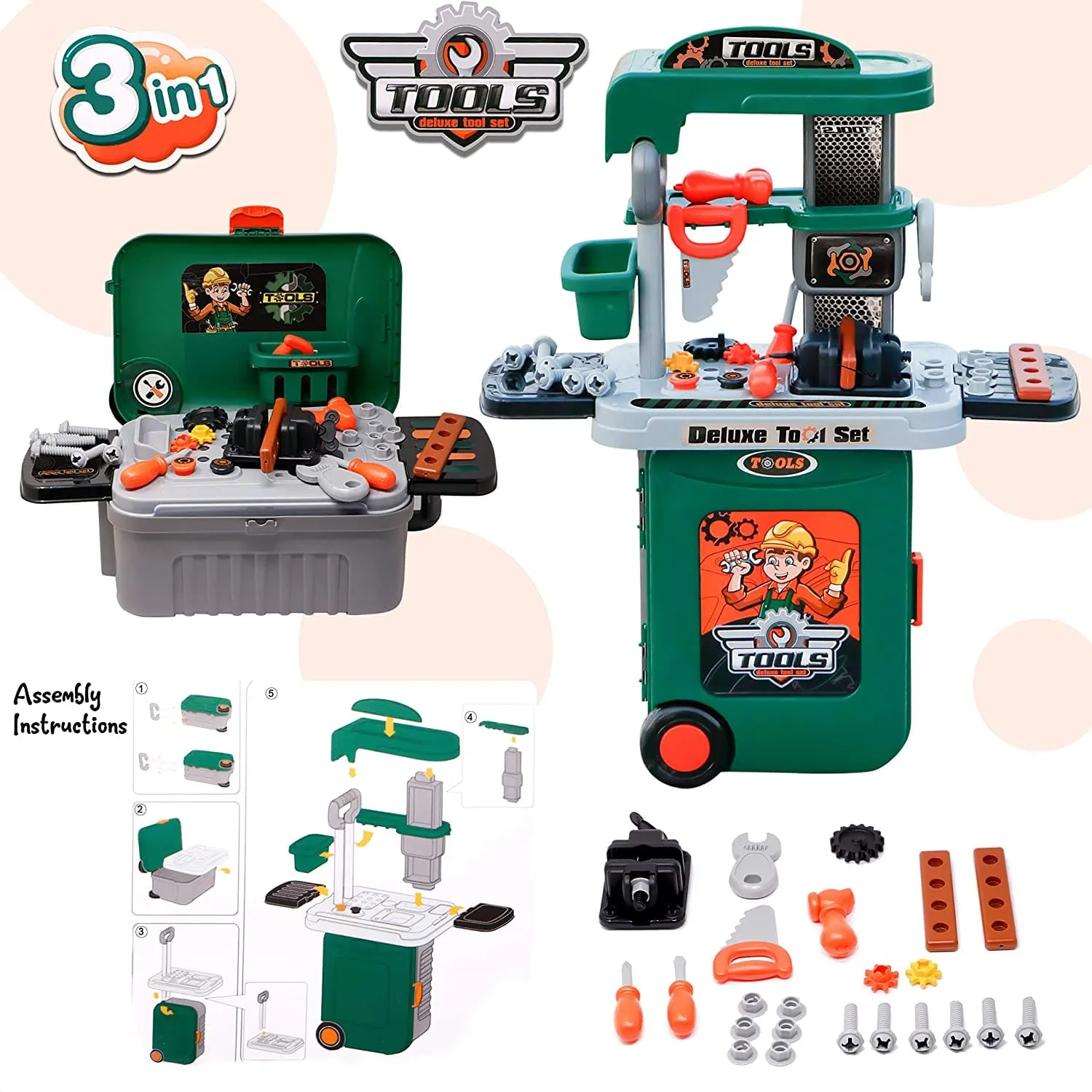 3 IN 1 Portable Deluxe Tool Set Suitcase Play Set