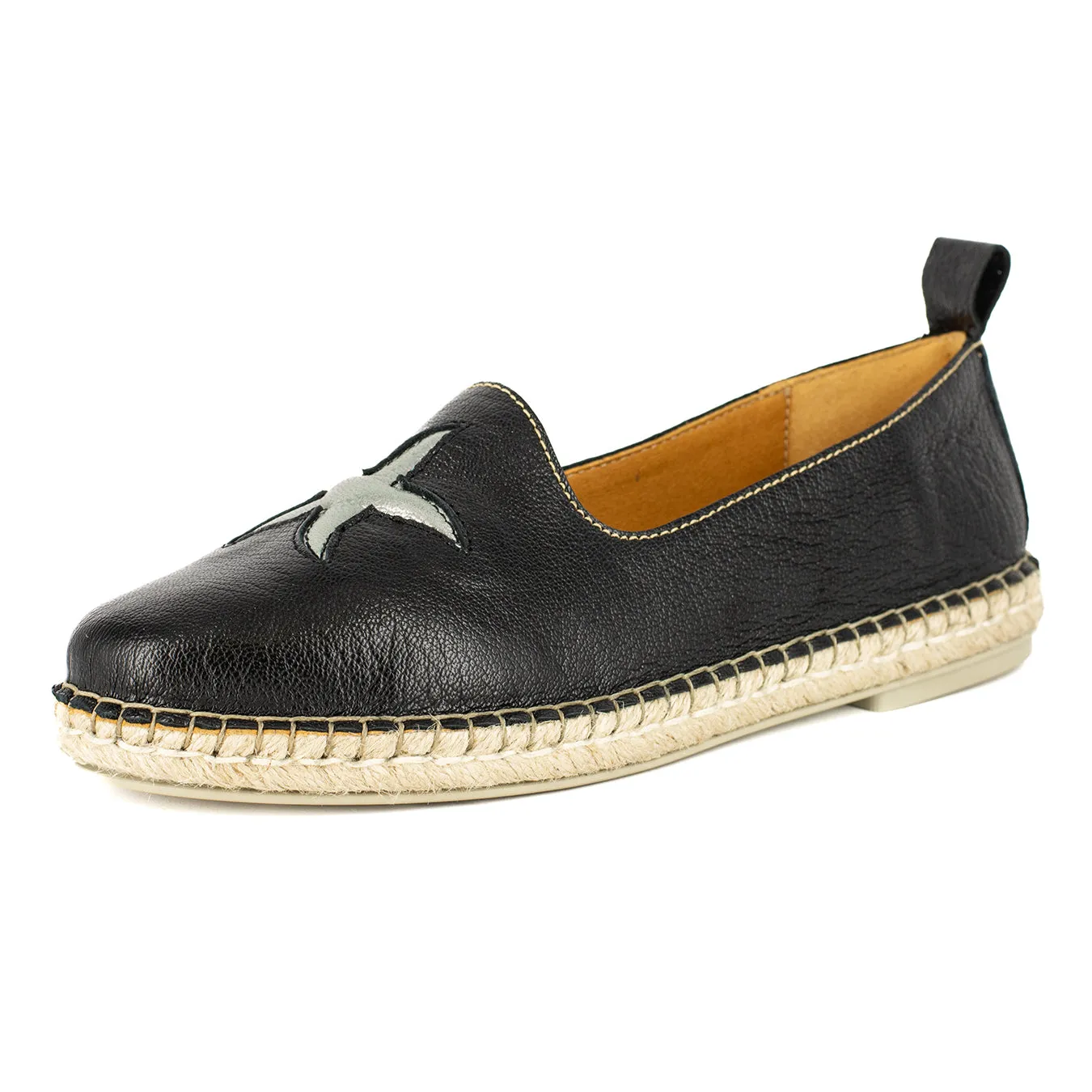 Abimbola : Ladies Leather Espadrille Shoe in Black Cayak & Tallio Metallic