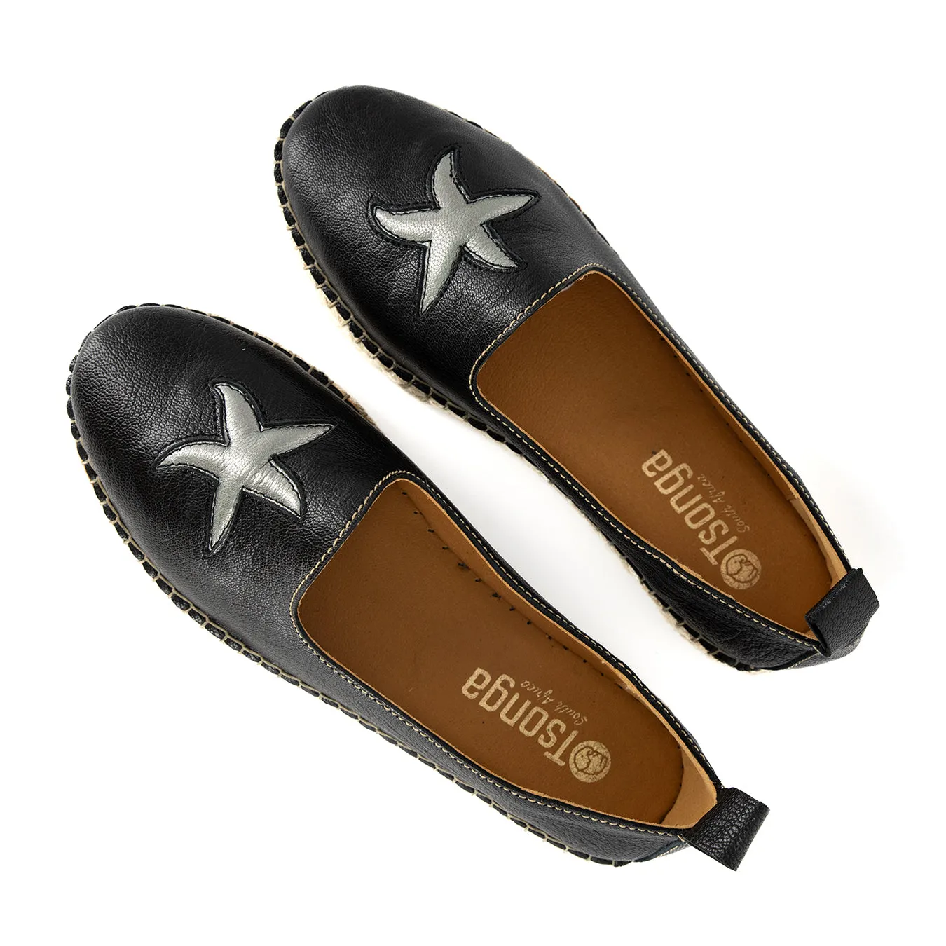 Abimbola : Ladies Leather Espadrille Shoe in Black Cayak & Tallio Metallic