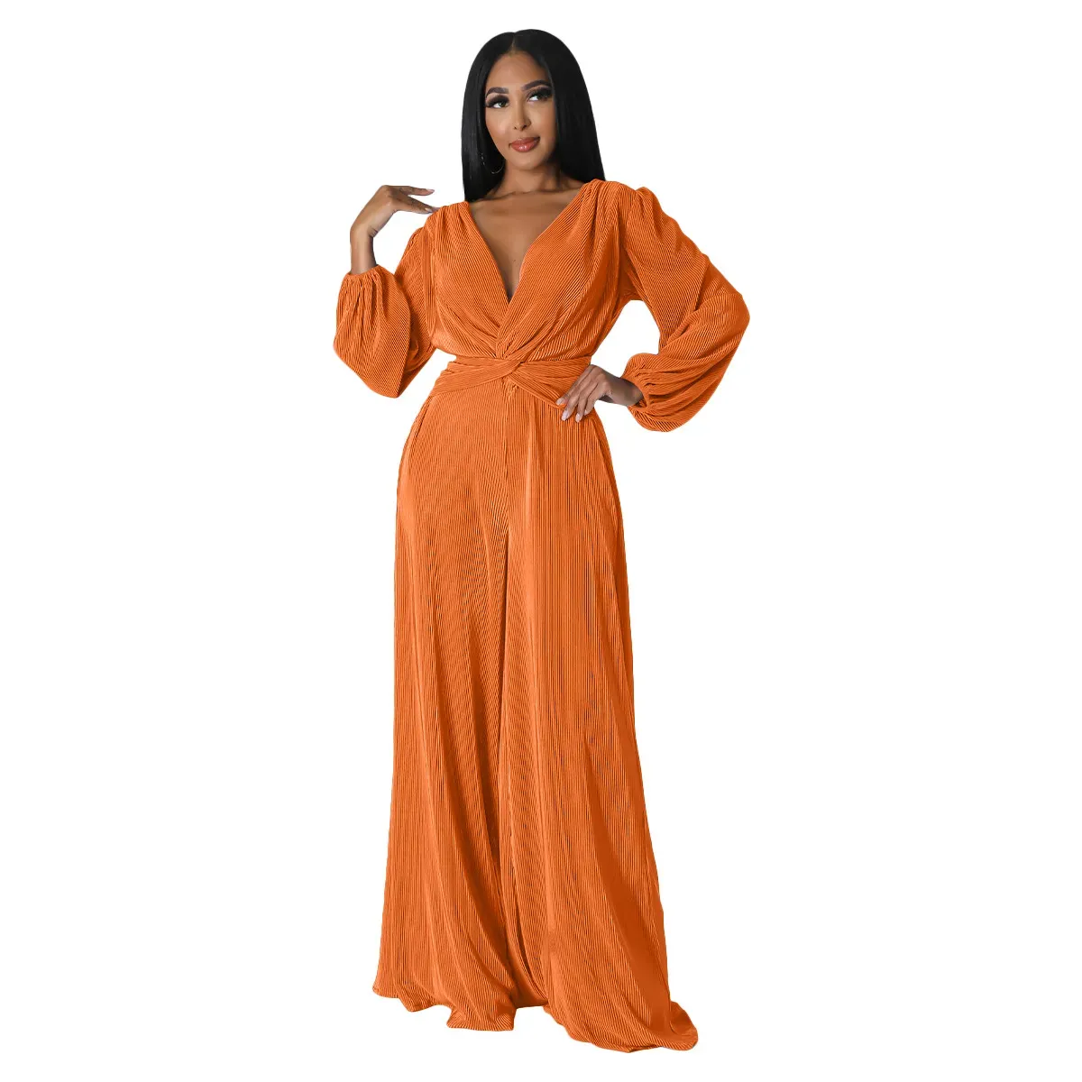 Addy Long Sleeve Plisse Twist Front Wide Leg Jumpsuit