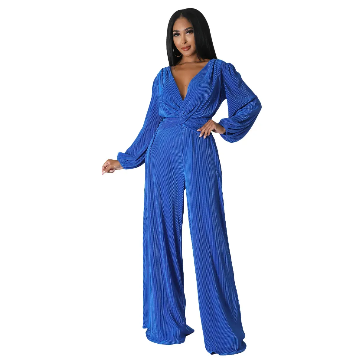 Addy Long Sleeve Plisse Twist Front Wide Leg Jumpsuit