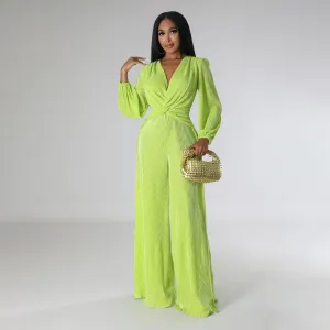 Addy Long Sleeve Plisse Twist Front Wide Leg Jumpsuit