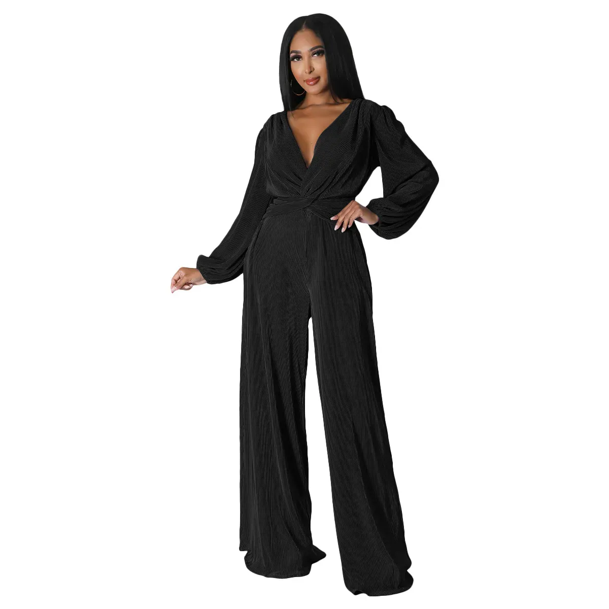 Addy Long Sleeve Plisse Twist Front Wide Leg Jumpsuit
