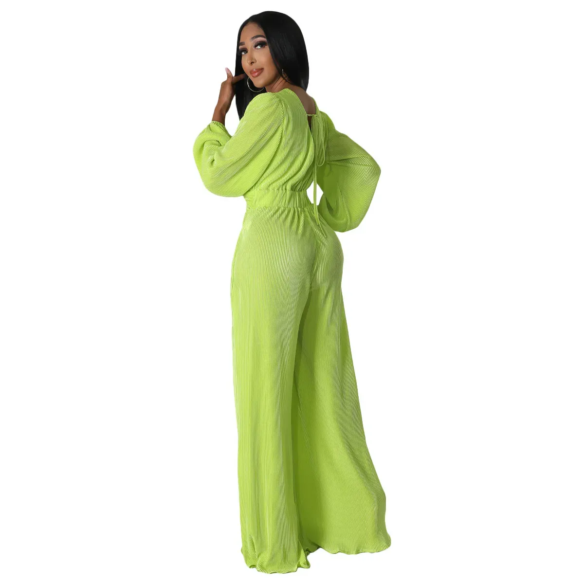 Addy Long Sleeve Plisse Twist Front Wide Leg Jumpsuit