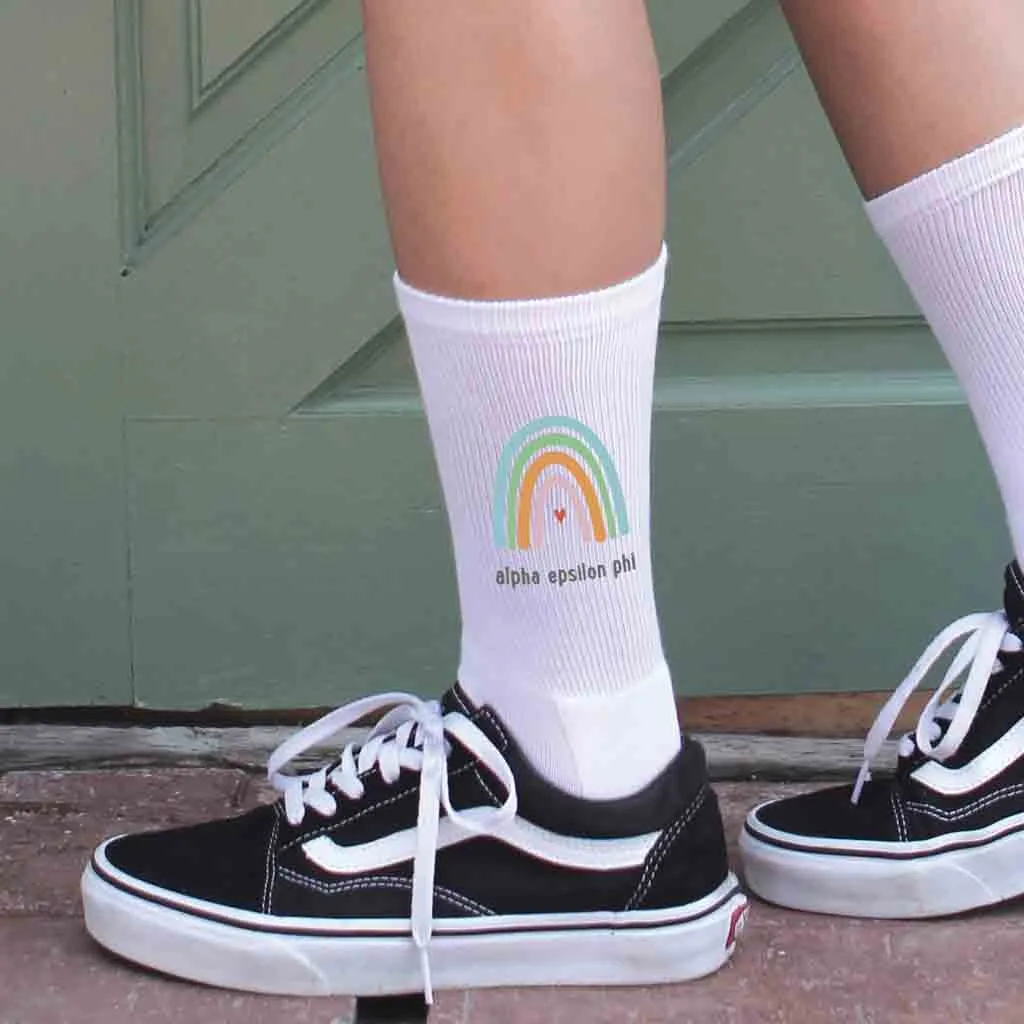 Alpha Epsilon Phi Sorority Crew Socks with Rainbow Design