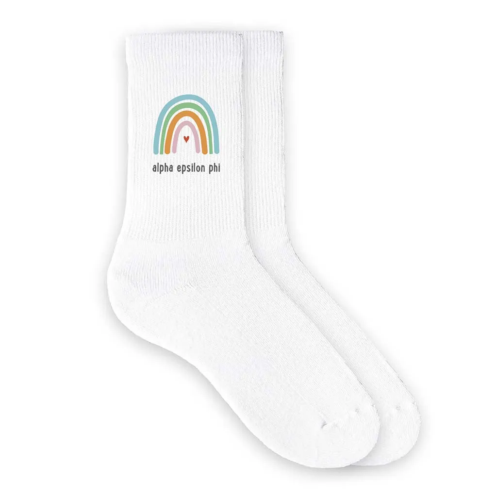 Alpha Epsilon Phi Sorority Crew Socks with Rainbow Design