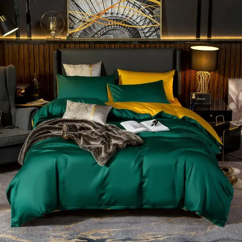 Anyhouz Duvet Comforter Set Double Green/ Yellow Egyptian Cotton Thick Blanket Bedspread 4 Pcs Bed Set