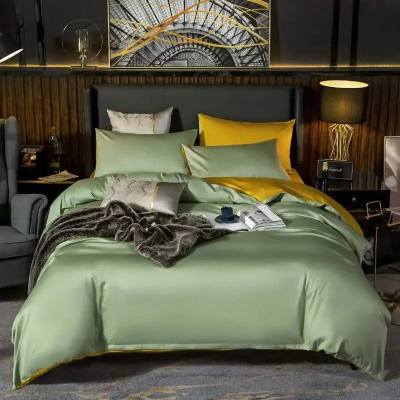 Anyhouz Duvet Comforter Set Double Green/ Yellow Egyptian Cotton Thick Blanket Bedspread 4 Pcs Bed Set