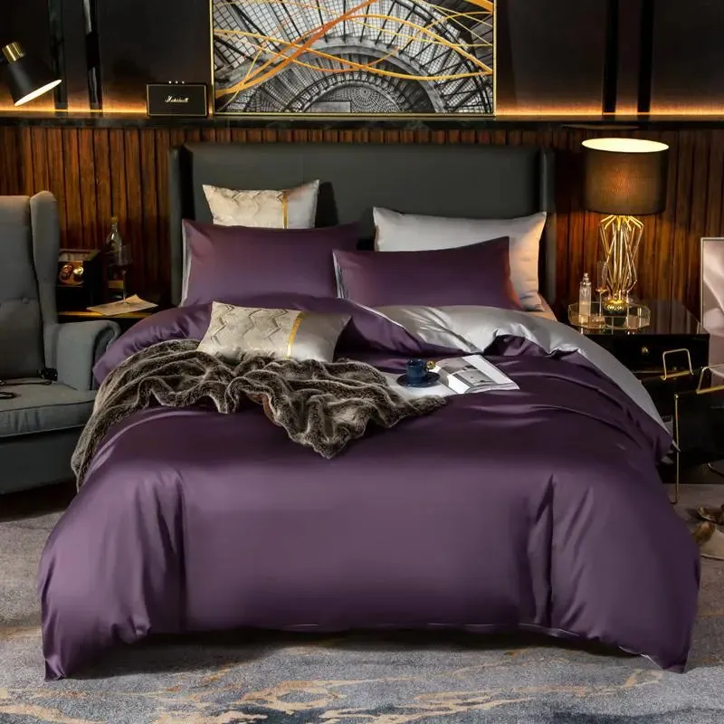 Anyhouz Duvet Comforter Set Double Purple/ Light Grey Egyptian Cotton Thick Blanket Bedspread 6 Pcs Bed Set