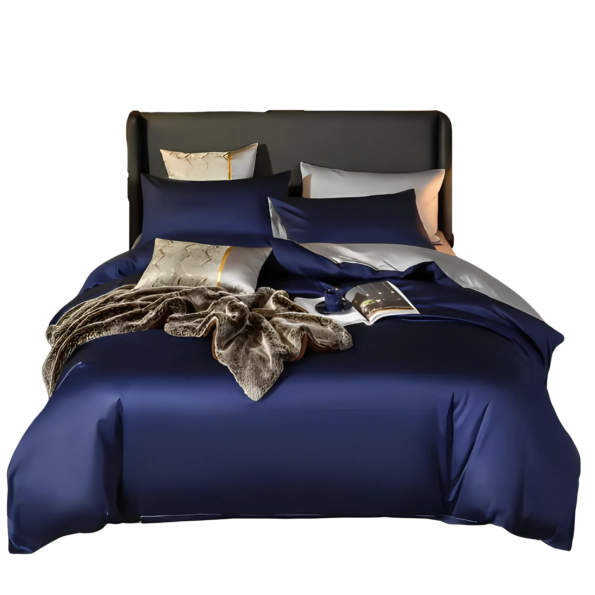 Anyhouz Duvet Comforter Set King Navy Blue/ Light Grey Egyptian Cotton Thick Blanket Bedspread 6 Pcs Bed Set