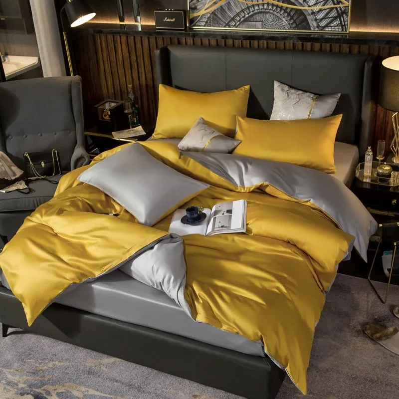 Anyhouz Duvet Comforter Set King Yellow/ Light Grey Egyptian Cotton Thick Blanket Bedspread 6 Pcs Bed Set