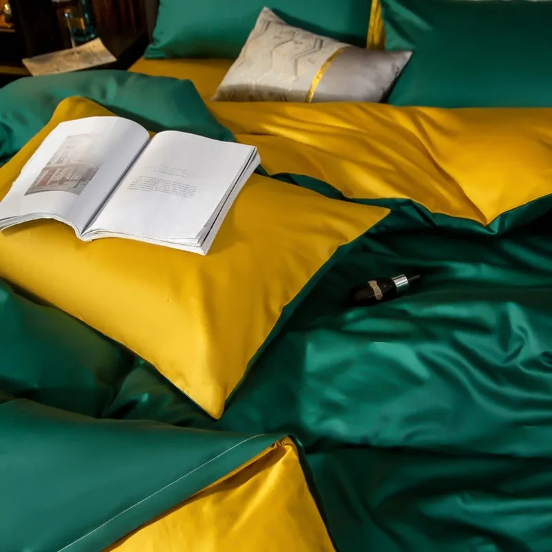 Anyhouz Duvet Comforter Set Queen Deep Green/ Yellow Egyptian Cotton Thick Blanket Bedspread 6 Pcs Bed Set