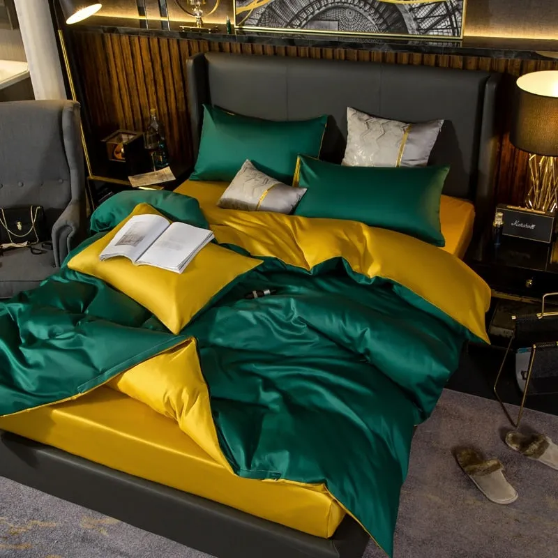 Anyhouz Duvet Comforter Set Queen Deep Green/ Yellow Egyptian Cotton Thick Blanket Bedspread 6 Pcs Bed Set