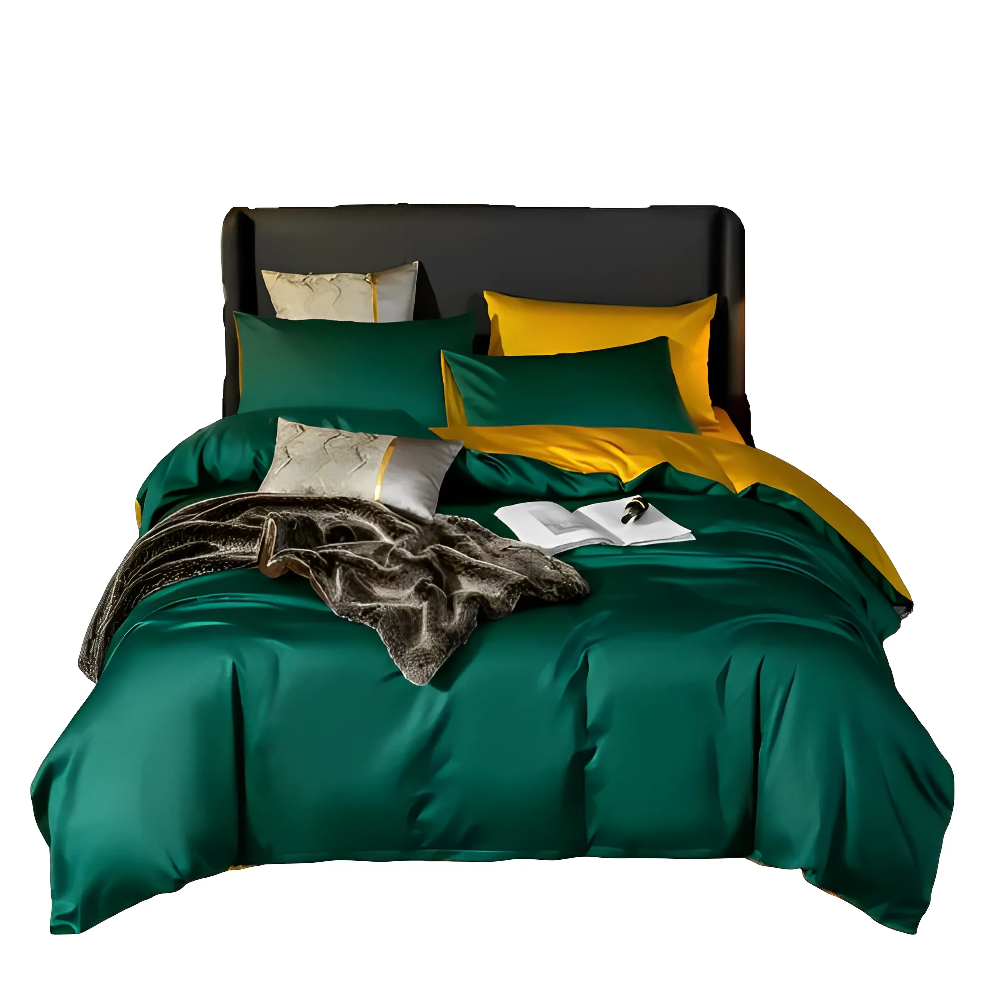 Anyhouz Duvet Comforter Set Queen Deep Green/ Yellow Egyptian Cotton Thick Blanket Bedspread 6 Pcs Bed Set