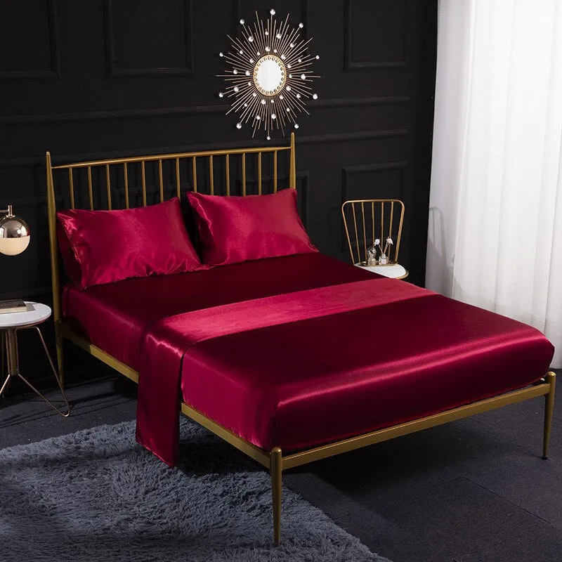 Anyhouz Fitted Sheet Silky Sheet Set with Pillow Cases - Queen - Wine
