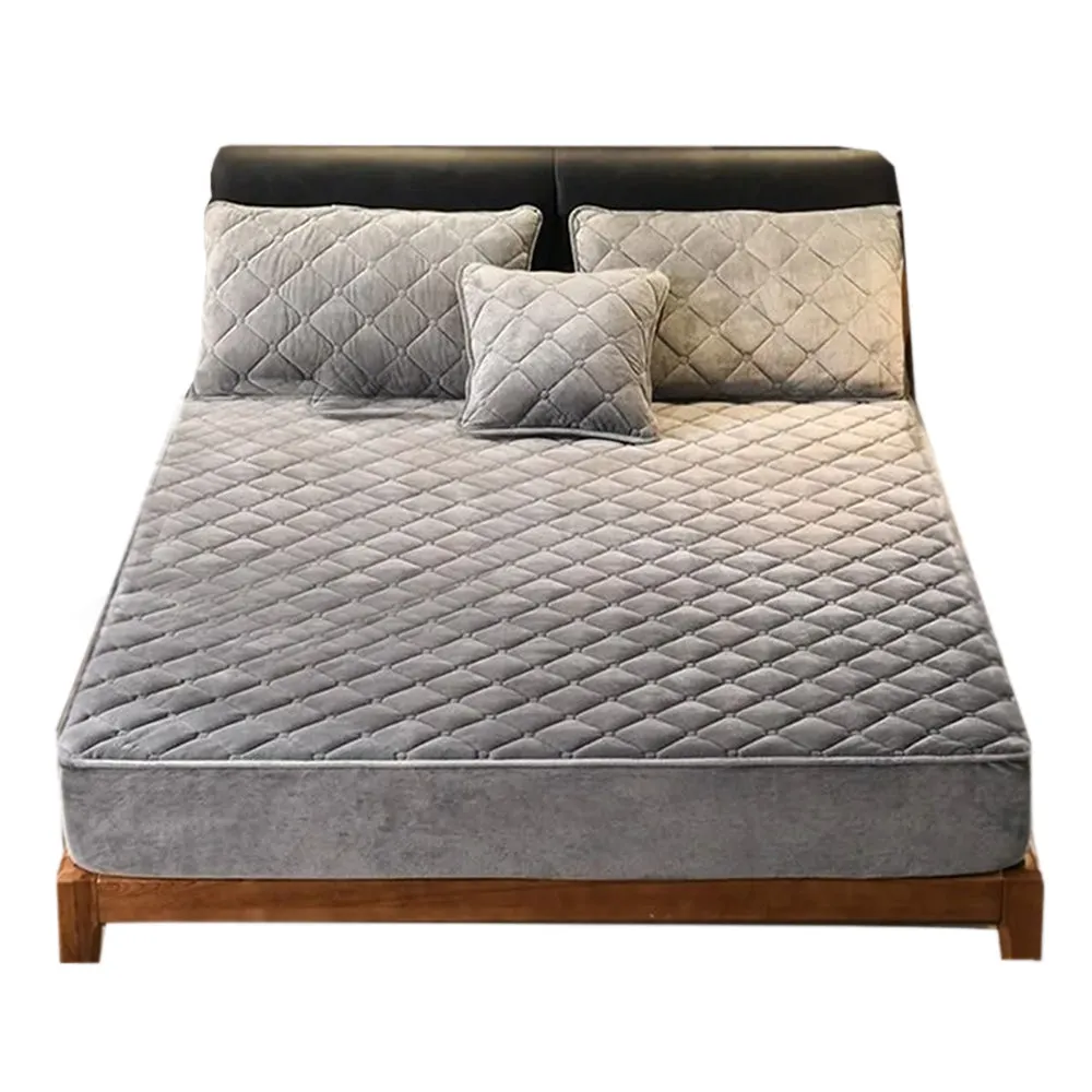 Anyhouz Mattress Cover Gray 90x200cm Crystal Velvet Thicken Quilted Warm Soft Plush Bed Sheet