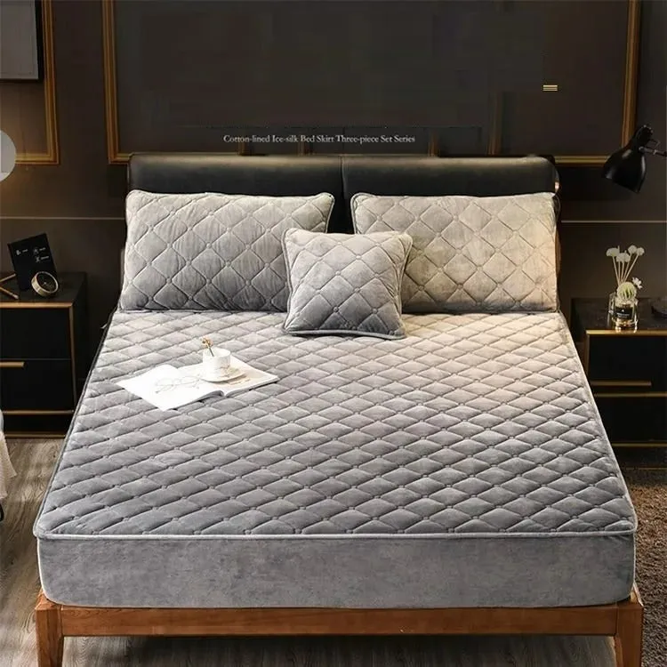 Anyhouz Mattress Cover Gray 90x200cm Crystal Velvet Thicken Quilted Warm Soft Plush Bed Sheet