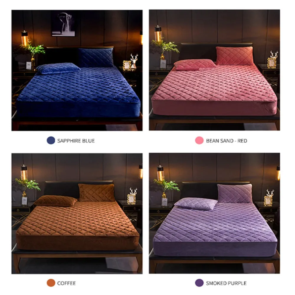 Anyhouz Mattress Cover Gray 90x200cm Crystal Velvet Thicken Quilted Warm Soft Plush Bed Sheet