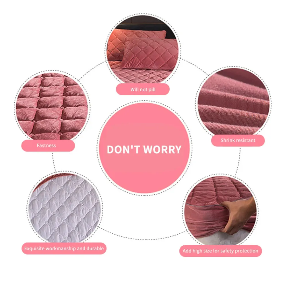 Anyhouz Mattress Cover Gray 90x200cm Crystal Velvet Thicken Quilted Warm Soft Plush Bed Sheet