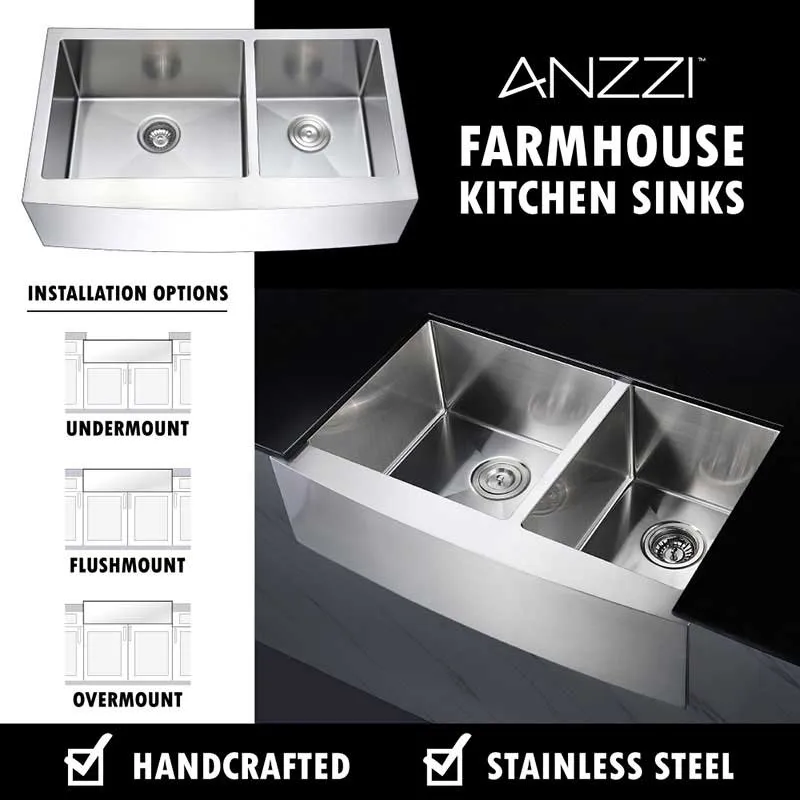 Anzzi ELYSIAN Series 36 in. Farm House 60/40 Dual Basin Handmade Stainless Steel Kitchen Sink
