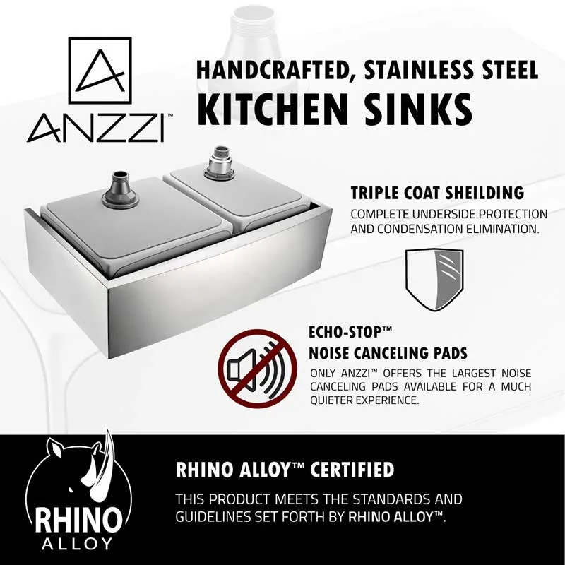 Anzzi ELYSIAN Series 36 in. Farm House 60/40 Dual Basin Handmade Stainless Steel Kitchen Sink
