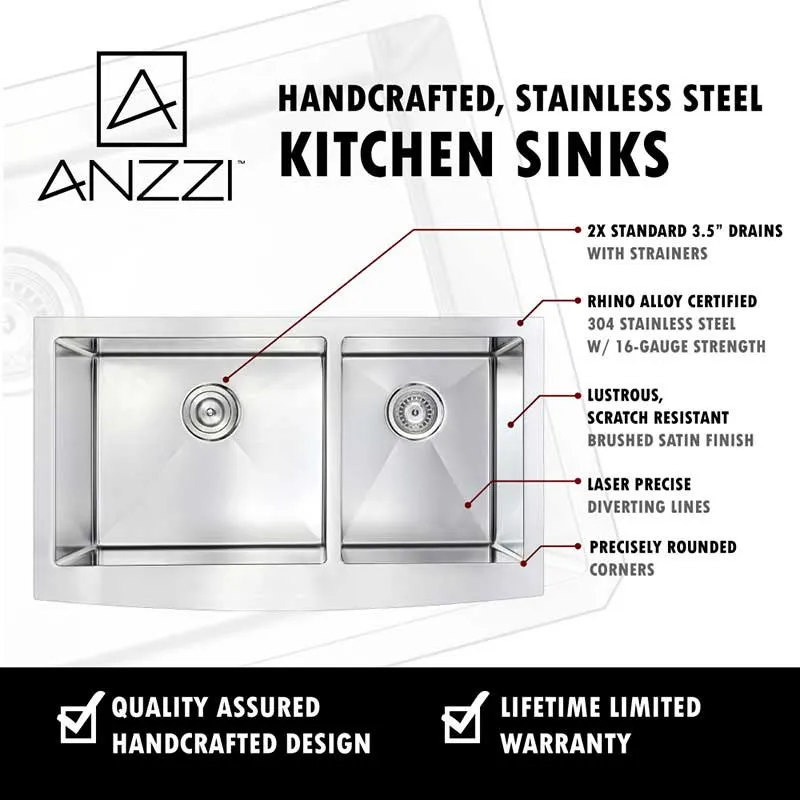 Anzzi ELYSIAN Series 36 in. Farm House 60/40 Dual Basin Handmade Stainless Steel Kitchen Sink