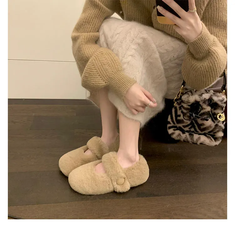 Autumn and Winter Cute Velvet Warm Furry Shoes Round Toe Women's Shoes
