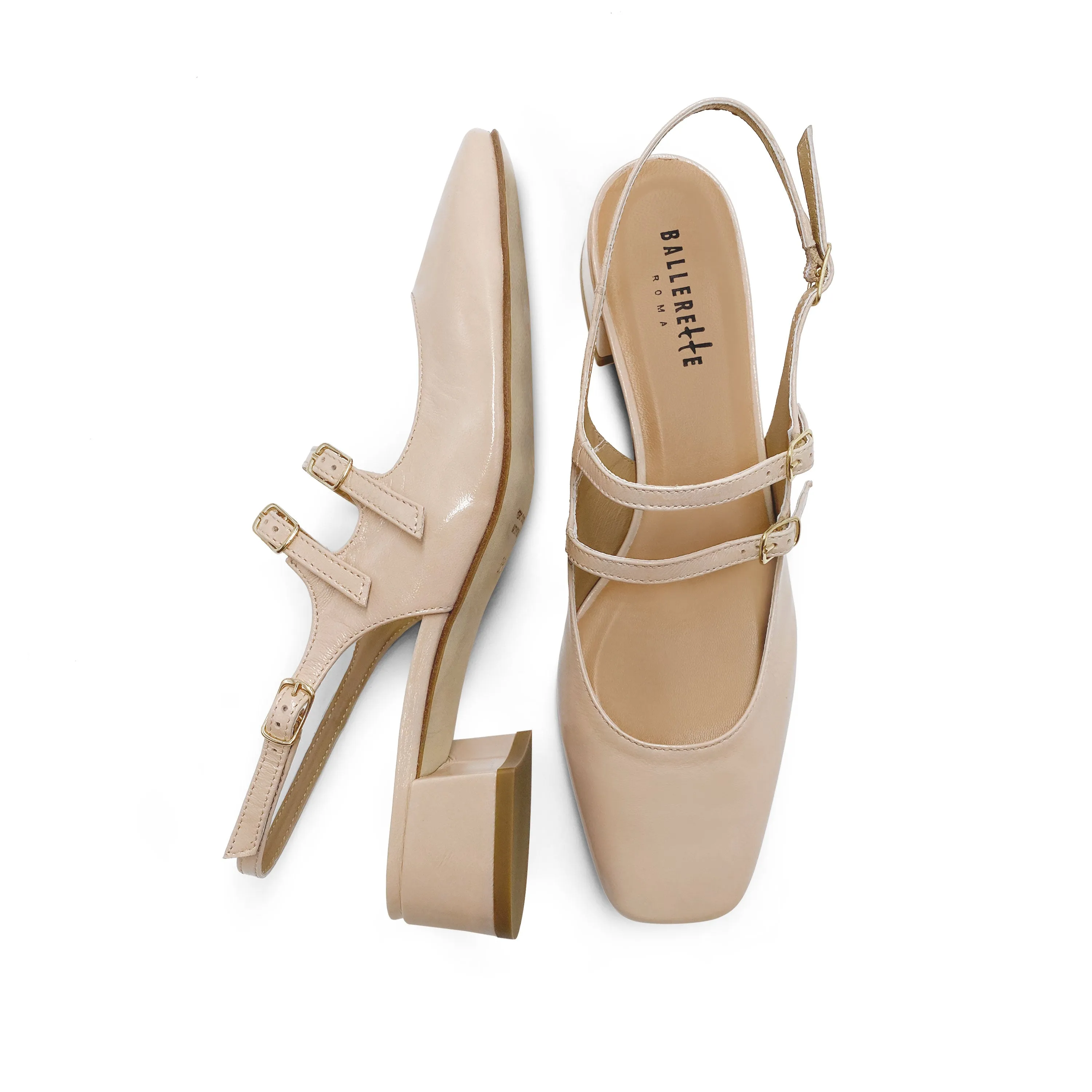 Beige slingback ballet flats in shiny leather with heel