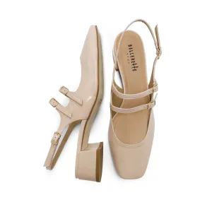 Beige slingback ballet flats in shiny leather with heel