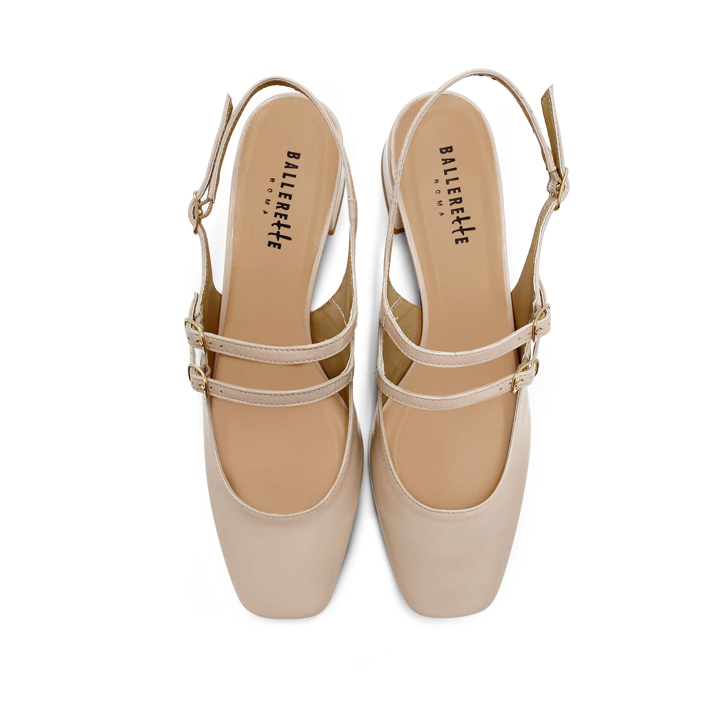 Beige slingback ballet flats in shiny leather with heel