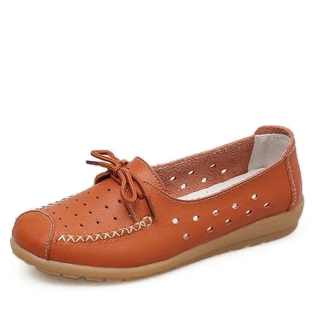 BEYARNE   Summer women flats shoes women genuine leather shoes ladies Cutout Slip on ballet flats loafers ballerina flats