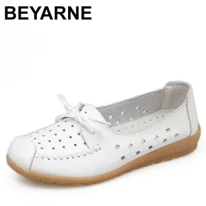 BEYARNE   Summer women flats shoes women genuine leather shoes ladies Cutout Slip on ballet flats loafers ballerina flats