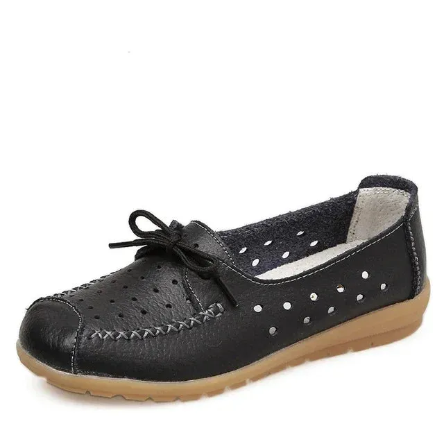BEYARNE   Summer women flats shoes women genuine leather shoes ladies Cutout Slip on ballet flats loafers ballerina flats