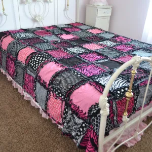 Black and Pink Quilt for Sale Handmade, Big Handmade Rag Quilts, Zebra Girl Bedding Twin Size & Queen Size Quilts