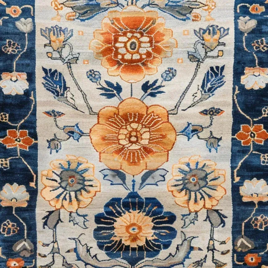 Blue Blossom Edge Medium Hand Knotted Wool Rug
