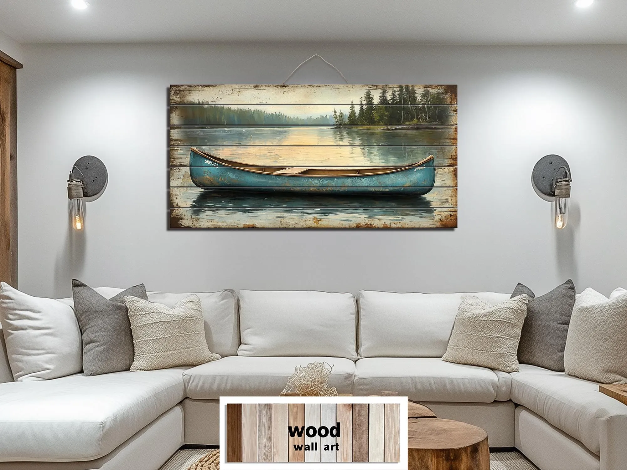 Blue Canoe In The Lake Distressed Wood Wall Art