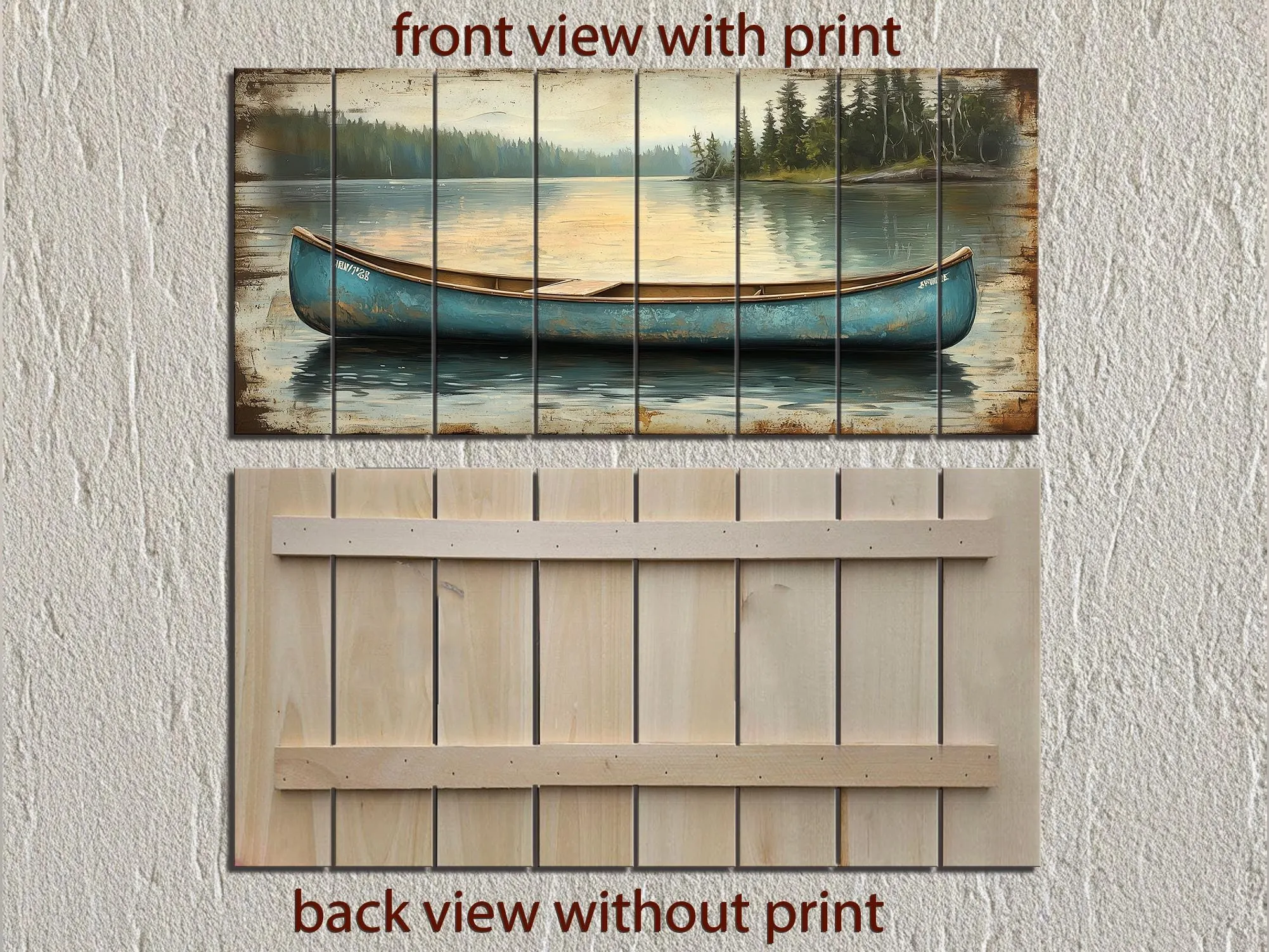 Blue Canoe In The Lake Distressed Wood Wall Art