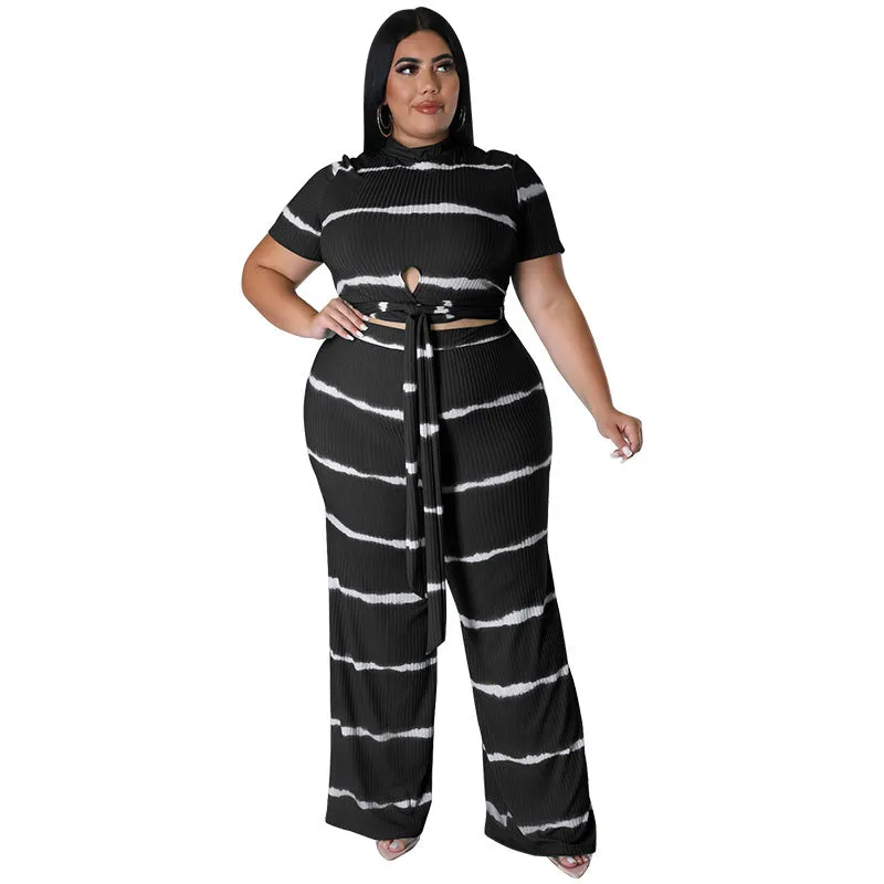 Chic Ribbed Tie-Front Two-Piece Set with Wide-Leg Pants