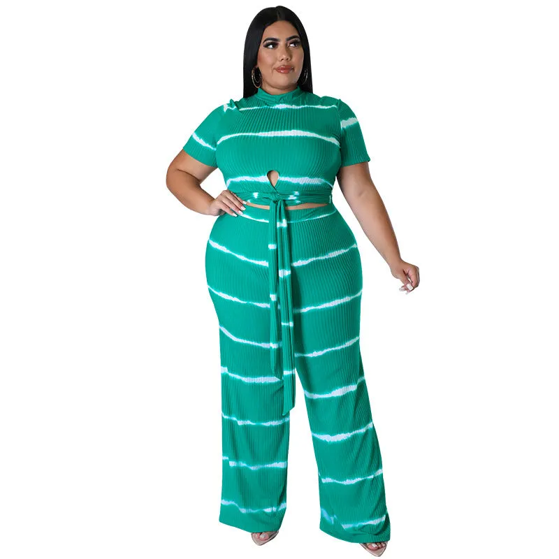 Chic Ribbed Tie-Front Two-Piece Set with Wide-Leg Pants