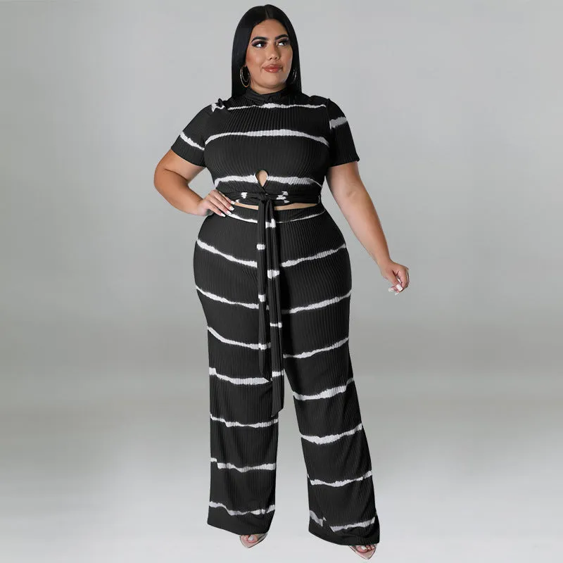 Chic Ribbed Tie-Front Two-Piece Set with Wide-Leg Pants