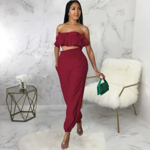Chic Strapless Ruffle Crop Top and Elastic High-Waist Pants Set