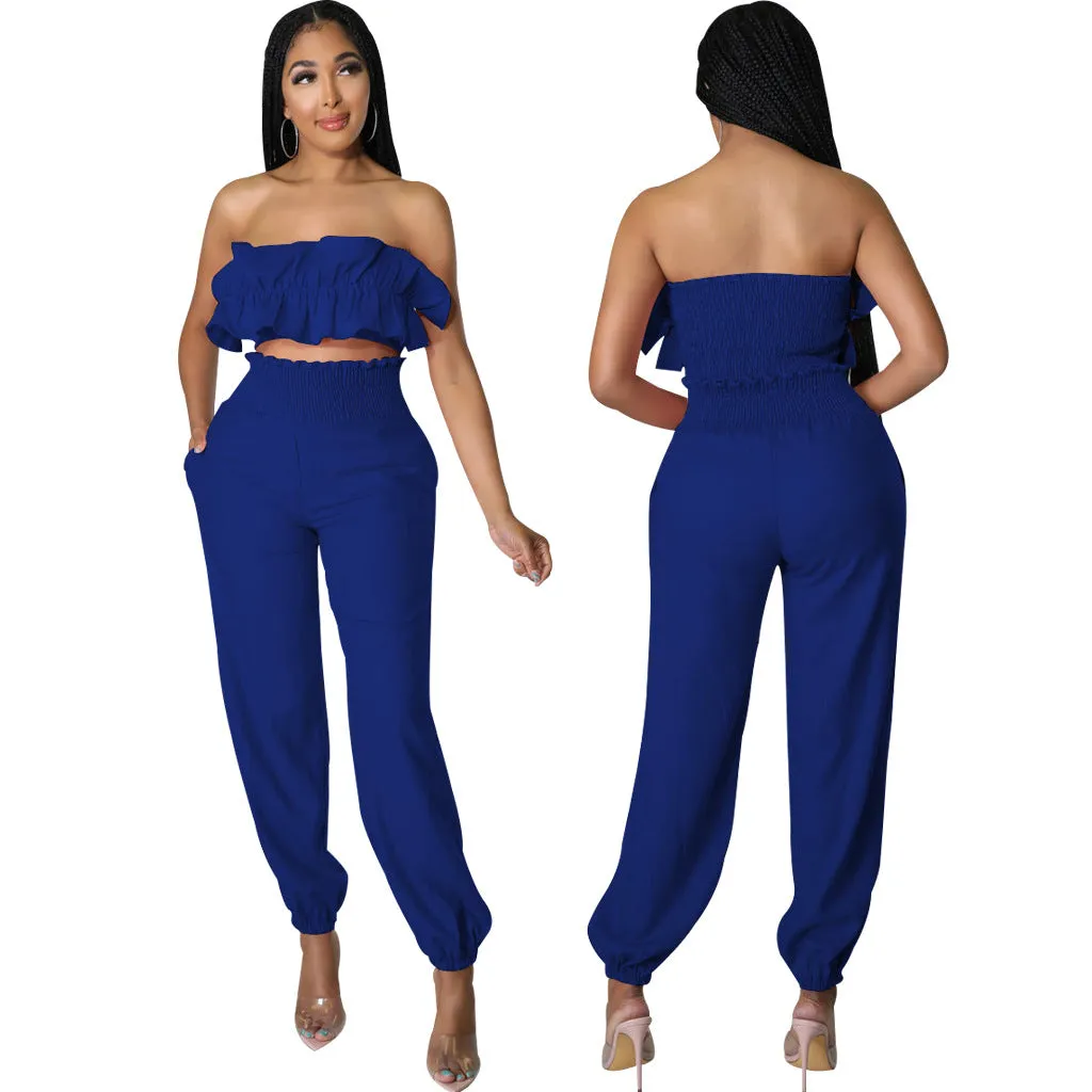 Chic Strapless Ruffle Crop Top and Elastic High-Waist Pants Set