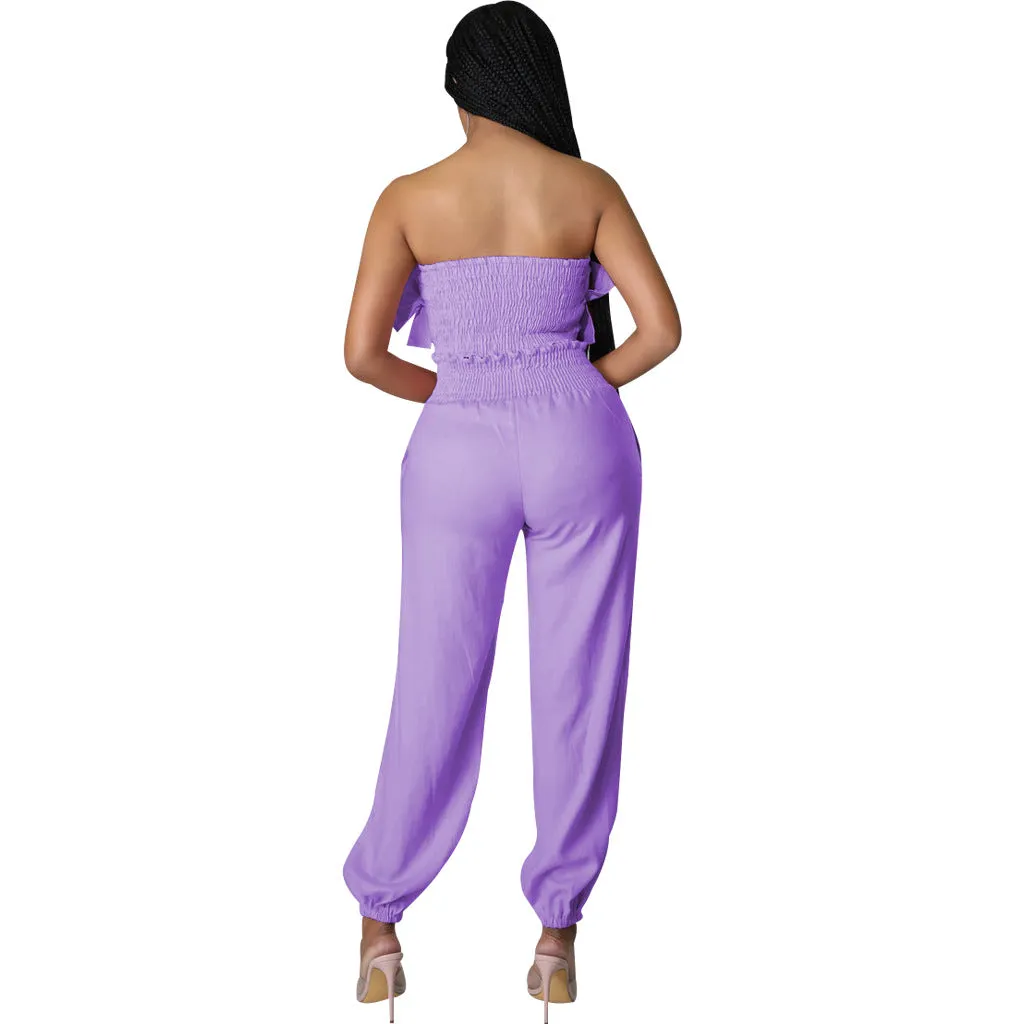 Chic Strapless Ruffle Crop Top and Elastic High-Waist Pants Set